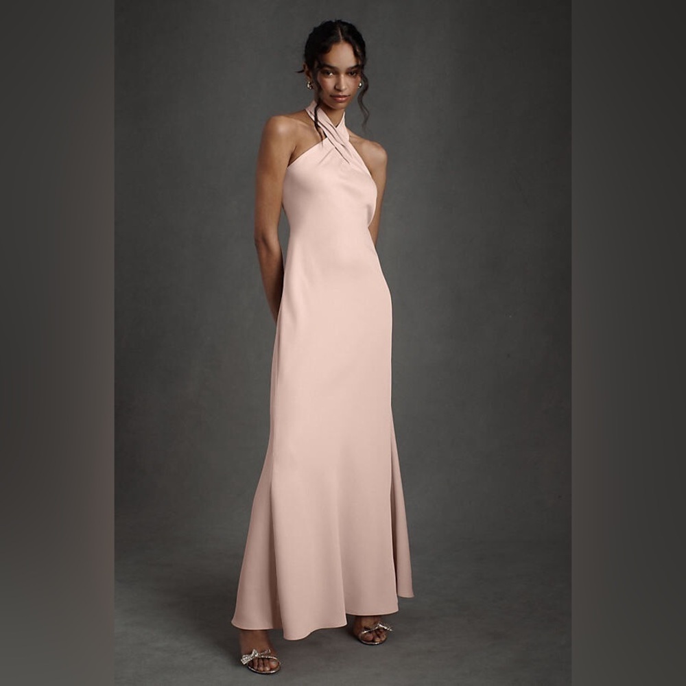 BHLDN Ruby Twist Halter Gown Satin Formal Cocktail Maxi Dress Champagne 12 NWOT